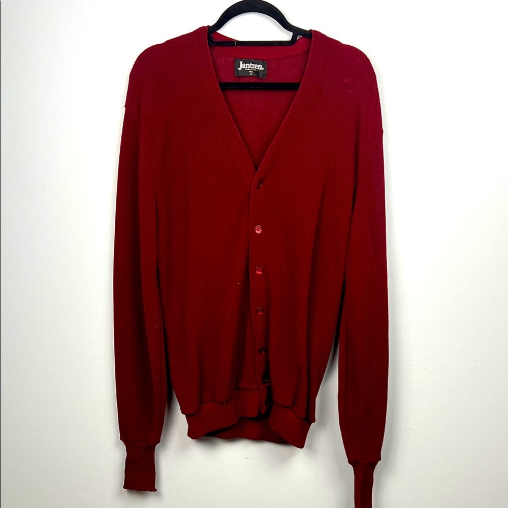Vintage Jantzen large tall burgundy button down V-neck sweater